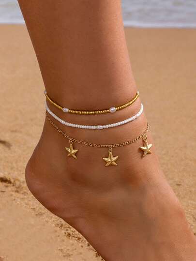 3pcs Starfish Shaped Golden & White Beaded Anklets, Boho Style Metal Pendant Layered Elastic Rope Anklets, Suitable For Daily Wear, Party, Music Festival, Beach, Bikini, Elegant & Refined For Women