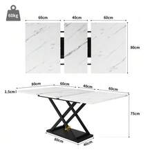 Telescopic Dining Table (120-160 X 80 Cm), Extendable Table, Space-Saving Kitchen Table, Black Iron Crossed Legs, For Kitchen And Living Room, White Marble Dining Table - White - View 5