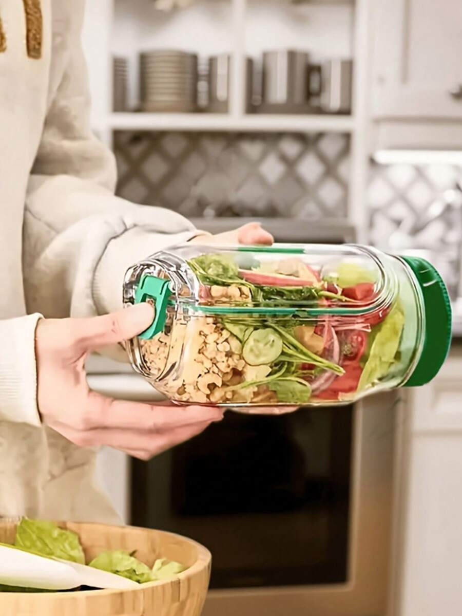 1 pieza Recipiente para ensalada, de gran capacidad, a prueba de fugas, con apertura lateral portátil y a prueba de fugas, con contenedor incorporado para condimentos, reutilizable, caja de almuerzo portátil, adecuado para oficina, picnic y viajes. Artículo de uso doméstico y diario.