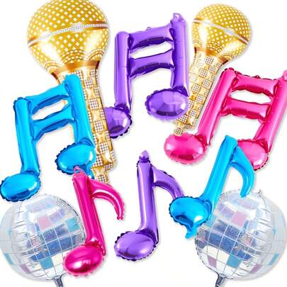 10pcs Pastel Pink Purple Blue Balloons, K-Pop Music Birthday Party Decor, Inflatable Disco Ball, Microphone, Music Notes, 50s Music Concert Foil Balloons, Karaoke Party Decorations