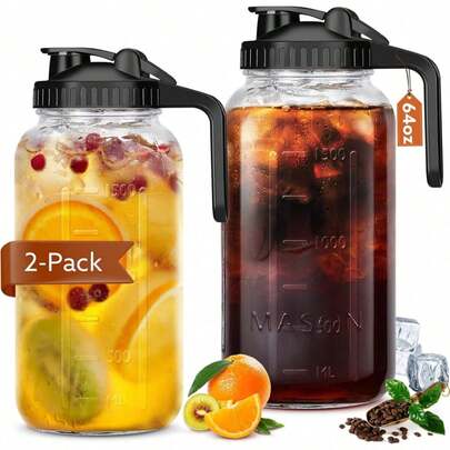 LAISONWARE 2个64盎司玻璃水壶，带防漏盖和提手 - 双刻度梅森罐，适用于冷萃咖啡、冰茶、果汁和母乳储存 | 宽口设计 | 春季饮品必备