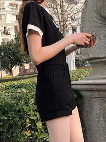 Celana Pendek Denim Pinggang Tinggi untuk Wanita, Celana Pendek Bermuda A-Line Longgar dengan Rumbai untuk Musim Panas, Warna Hitam Kasual - Hitam - View 3