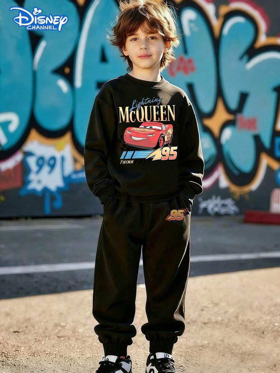 Disney Cars Lightning McQueen 95 Kids Sweatsuit, Black Crew Neck Sweatshirt & Joggers Set, Lightning McQueen Print With "95" Number, Cool Racing Vibe, Skin-Friendly & Warm, All-Match For Spring Autumn School & Street, Unisex - 黑色 - 查看 1