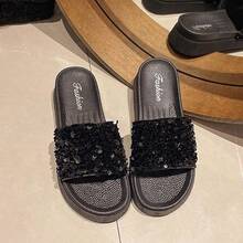 Sandalias de suela gruesa con talón de mujer Novedades de verano: sandalias de mujer con tiras y lentejuelas, con un diseño de alta costura. Una declaración de moda versátil para llevar al aire libre. Sandalias con suela gruesa. - Negro - Ver 5