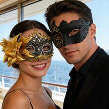 Unisex Masquerade Mask, Carnival And Venetian Costume Mask, Women's Side Flower Eye Mask, Suitable For Christmas, Halloween, Costume Party, Couple Masquerade Ball Mask Set, Venetian Party Mask - Gold - View 3