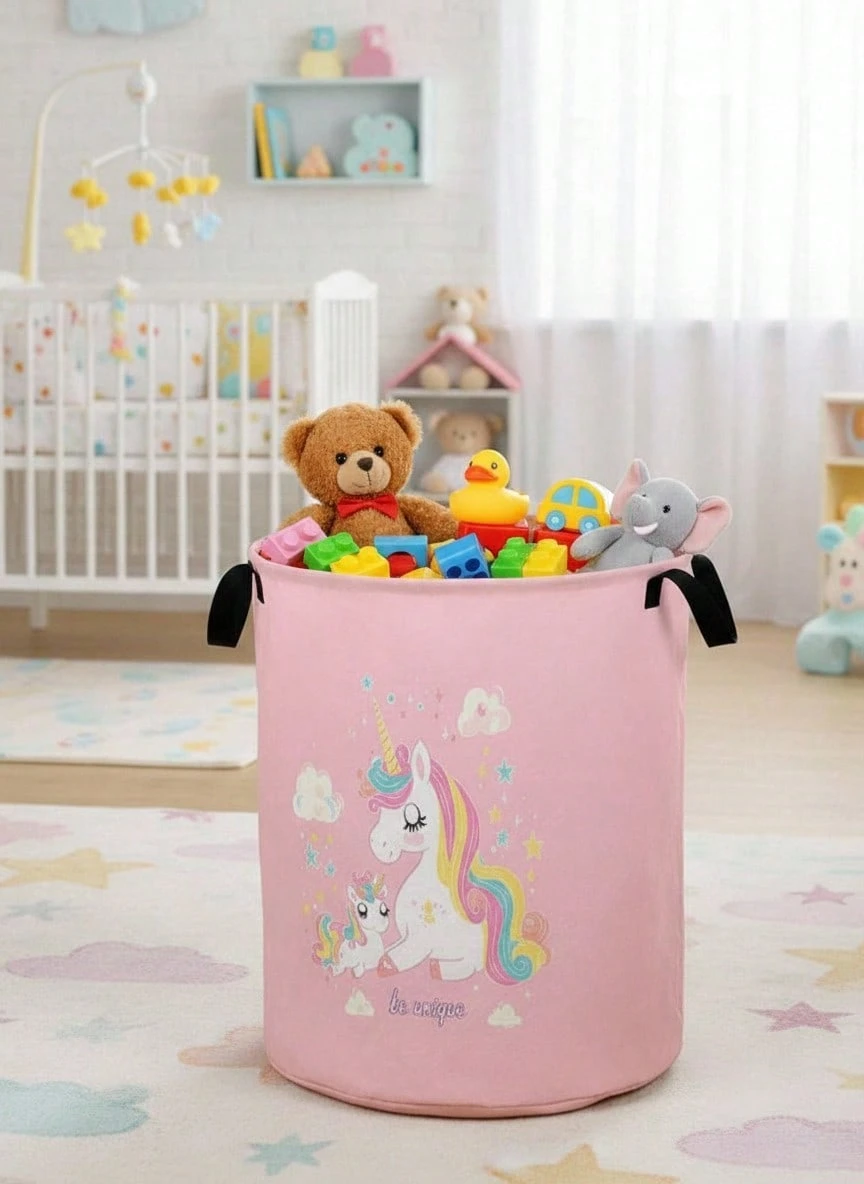 1pc Large Capacity Foldable Round Storage Basket With Handle, Cartoon Pony Print, Multipurpose Storage Bin For Nursery, Baby Diaper, Clothes, Toys And Accessories