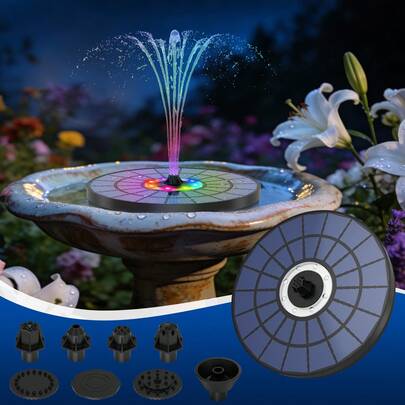 5.5W Solar Fountain, Solar Bird Bath Fountain With LED Color Lights And 2000mAh Battery, Comes With 7 Nozzles And Stand, Solar Water Pump, Garden Decor, Suitable For Bird Bath, Garden, Pond, Fish Tank And Outdoor Spaces