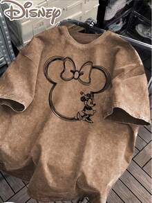 Disney Minnie Mouse Hand-Painted Line Art Border Bow Creative Printing Fashion  Super Retro T-Shirt 2026 Spring And Summer Round Neck T-Shirt Retro Fashion Couples Popular Retro Round Neck T-Shirt. - Màu Khaki - Xem 1