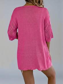 Summer New Hollow Out Short Sleeve Knit Cardigan, Vacation Beach Cover Up Thin Jacket For Women - Hot Pink - View 2
