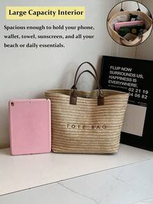 New Fashion Large Capacity Letter Decor Woven Straw Tote Bag, Minimalist Elegant Women Shoulder Handbag, Multi-Functional Commuter Casual Vacation Woven Straw Handbag, New Beach Vacation Shoulder Underarm Straw Large Bag, Eye-Catching Beach Bag Summer, Summer Straw Beach Bag For Women, Suitable For Commuting, Shopping, Beach Vacation And Beach. , Office, Holiday[US Local Warehouse]The Best Gift Choice, Birthday Gift,Holiday Bag - Nhiều màu - Xem 6