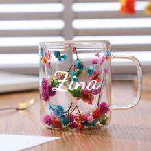 Customized Text & Petal Design High-Value Dual-Layer Glass Cup, Creative High Borosilicate Glass Cup With Real Flowers - Multicolor - View 7