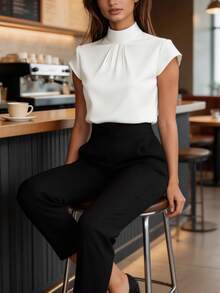 Women's Elegant Mandarin Collar Short Sleeve Blouse - Crisp White Satin Texture, Versatile For Work, Party, Spring/Summer/Autumn, Classic Solid Color Satin Shirt With Delicate Pleated Design, Slimming And Stylish - White - View 9