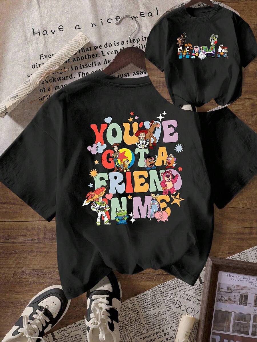 Disney (Loose Version) Women's Cute Cotton Round Neck Short Sleeve Regular T-Shirt With Toy Story You've Got A Friend In Me Print Is A Short-Sleeved Round Neck Casual Shirt Necessary In Summer, Suitable For Summer And Spring, Holiday Gift Party Clothes, Ladies' Clothes. - Noir - Voir 1