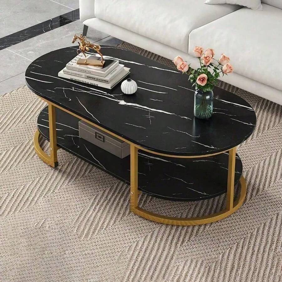 Moderno Veteado Doble Capa De Mármol Auxiliar Mesa De Centro Negro - Negro - Ver 1