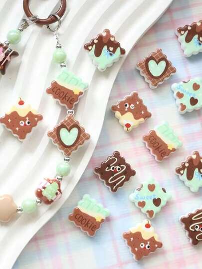 5/10/15颗绿色咖啡色方形印花波浪图案珠子，可用作手机挂绳、包包挂饰和钥匙扣的配件。