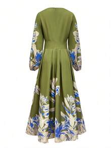 Vestido elegante bohemio de vacaciones con estampado floral y de hojas para mujer - Verde - Ver 3
