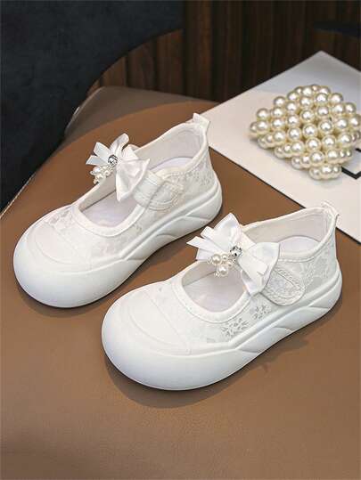 1 Pair White Cute & Fashionable Children's Canvas Sneakers, Spring/Autumn, Bow Decor, Pure White, Comfortable Outdoor Athletic Shoes, Infant/Toddler Casual Shoes