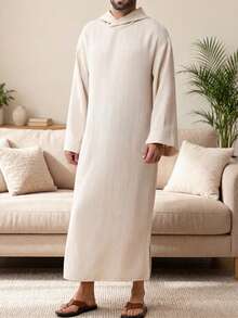 Men's Muslim Hooded Robe, Home Robe, Casual Vacation Robe, Courtyard Style Robe, With Pockets On Both Sides And A Forked Hem, Moderate Length - Champagne - View 3