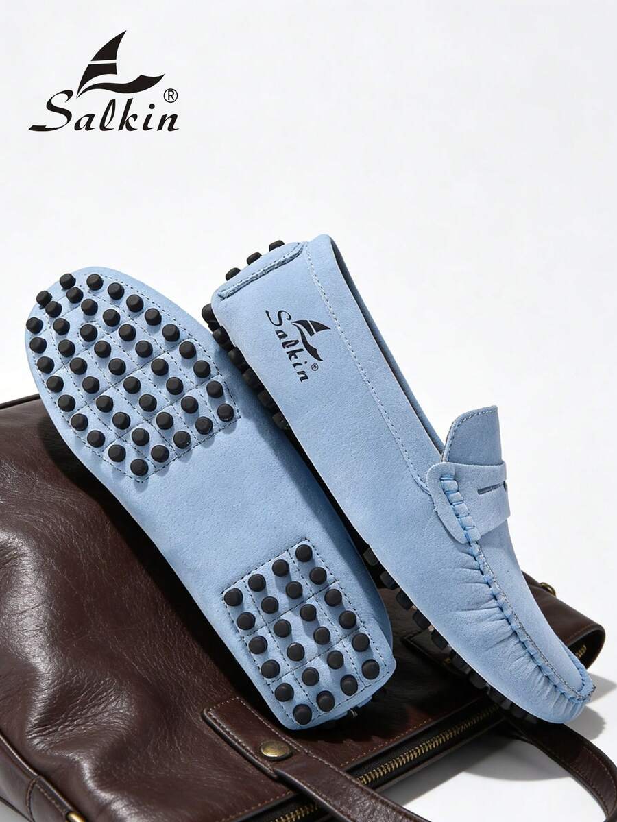 Salkin Designer Women's Slip-On Loafers, Nantucket Breeze Driving Shoes, Solid Soft Faux Suede Casual Flats, Budget-Friendly High-End Feel, Comfortable Breathable Studded Rubber Sole, Versatile Leather Shoes For Dresses, Jeans, Outdoor Walking, Suitable For Middle-Aged, Young, Students, Daily Wear, Spring/Summer/Fall, Plus Size - Sky Blue - View 1