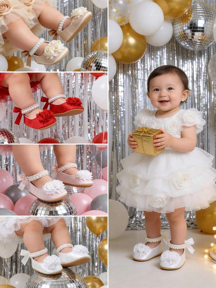 Zapatos planos tipo Mary Jane para recién nacidas e infantes - Suela de goma suave, zapatos de princesa para boda, primeros pasos de infantes y niñas pequeñas, zapatos de vestir para infantes - Champán - Añade 1