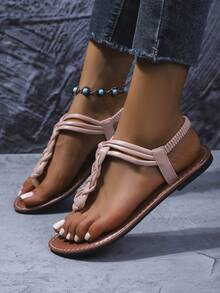 女士手工编织人字拖平底凉鞋，优雅、休闲、波西米亚风、性感、可爱，PU皮革编织女士平底凉鞋，夏季度假款 - 粉色 - 查看 6