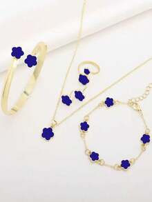 Bộ trang sức trang trí hoa may mắn 6 món cho nữ, 1 đôi hoa tai, 1 vòng cổ, 1 vòng tay, 1 vòng tay dạng vòng tay, 1 nhẫn, thích hợp để đeo hàng ngày - Nhiều màu - Xem 8