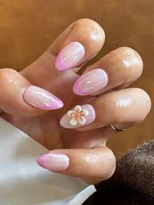 10片可爱简约INS风粉色Y2K坏女孩3D立体浮雕五瓣小花短杏仁美甲贴纸，闪亮美甲贴花 - 粉色 - 查看 2