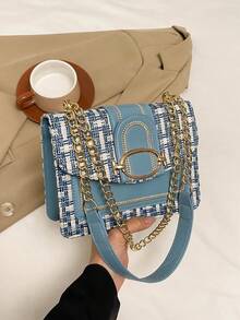 迷你格子斜挎方包，带搭扣装饰和链条肩带，翻盖斜挎包，适合日常使用 - 藍色 - 查看 9