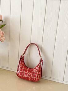 New Handbag, Fashionable Small Versatile Stone Texture Mini Half-Moon Handheld Bag - Red - View 8