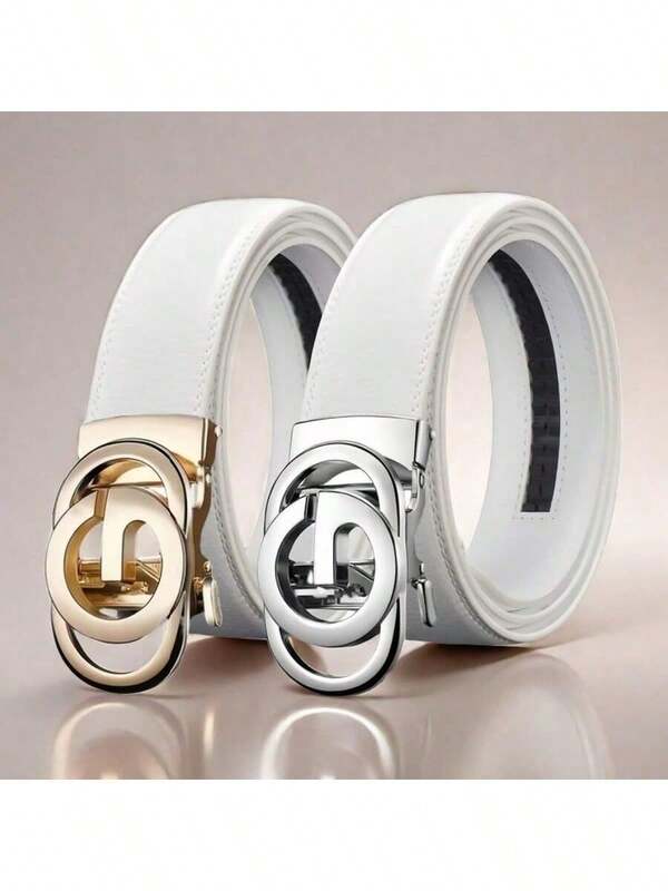 男士白色真皮自动扣腰带：时尚字母自动扣腰带 | 可调节商务休闲腰带，适合搭配牛仔裤、西装和正装，是男士的理想礼物