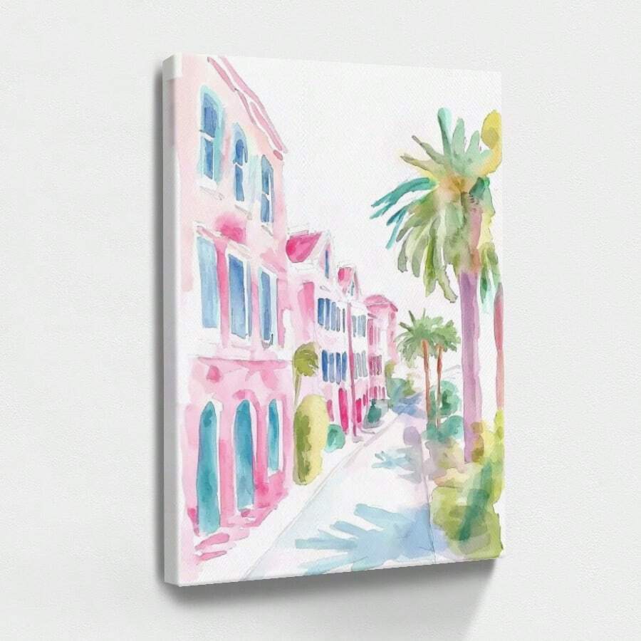 1pc Blue Summer Wall Art, Beach Decor, Ocean Framed Wall Art, Wrapped Canvas Poster Vintage Prints, Street Scene, Buildings, Palm Trees - Modern, Impressionistic, Watercolor, Vibrant Style, Home Living Room Bedroom Ofice Wall Decor, Birthday Party Decor, Hanging Hardware Included - Wrapped Framed Canvas, Vertical - Lienzo enmarcado - Ver 1