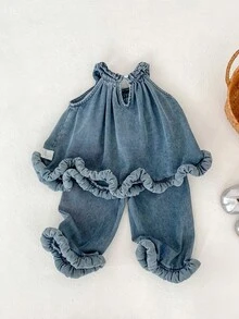 夏季新款女童套装，女婴牛仔编织吊带上衣+裤子，时尚休闲牛仔两件套 - 藍色 - 查看 3