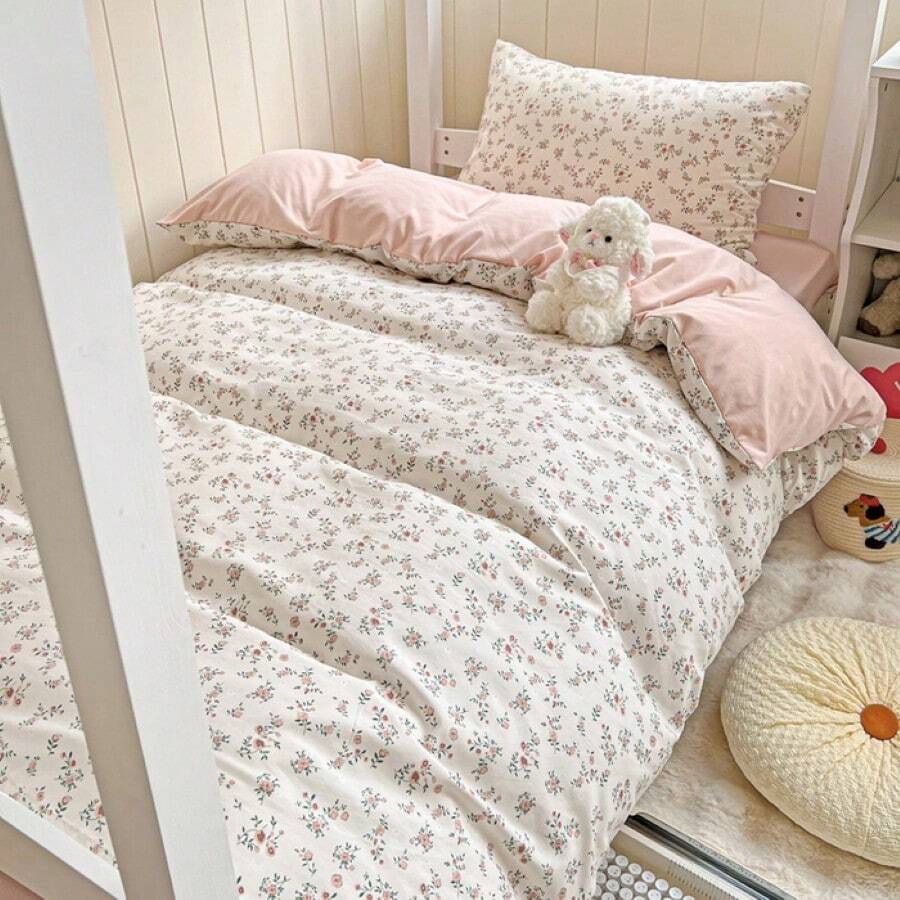 Juego de ropa de cama de 4 piezas con estampado floral de salvia, juego de ropa de cama suave y lavado, funda de edredón con estampado de hojas botánicas, decoración de dormitorio de estilo cottage - Nomeolvides rosa - Ver 1