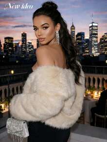 Áo khoác ngắn nữ cao cấp màu be giả lông thú, tay dài, dáng đứng, thanh lịch, thích hợp cho đám cưới và các dịp trang trọng. - Màu be - Xem 2