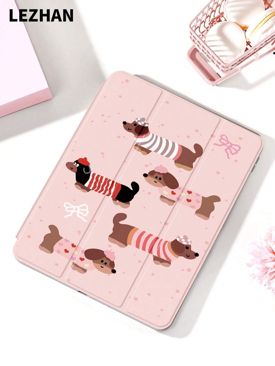 1pc Pink Dachshund Pattern Flat Tablet Protective Case, Tri-Fold Tablet Stand Protective Shell, Compatible With 10.2", Pro 11" 2021/2020/10th Gen/Mini4/5/6/ (A16) 11" 11th Gen 2025, Galaxy Tab A8 10.5" 2022, Matepad 10.4"/Tab/, With Pen Slot, Anti-Drop, Valentine Gift