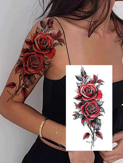 1张防水临时纹身贴纸，时尚暗黑玫瑰花图案，适合暗黑系节日派对，易于使用，适用于女性手臂、腿部、胸部等部位，可维持7-14天，是派对和音乐节的必备单品。