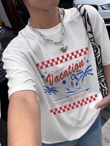 Top de verano MOOSGOP - Estilo bohemio de playa y vacaciones / Casual / Versátil / Cómodo / Ropa de estar en casa - Estampado en inglés de árbol de coco y tabla de surf / Diseño de marca de agua - Camiseta de manga corta, cuello redondo y hombros caídos de corte holgado - Ropa de playa para mujer Blanco - Blanco - Ver 4