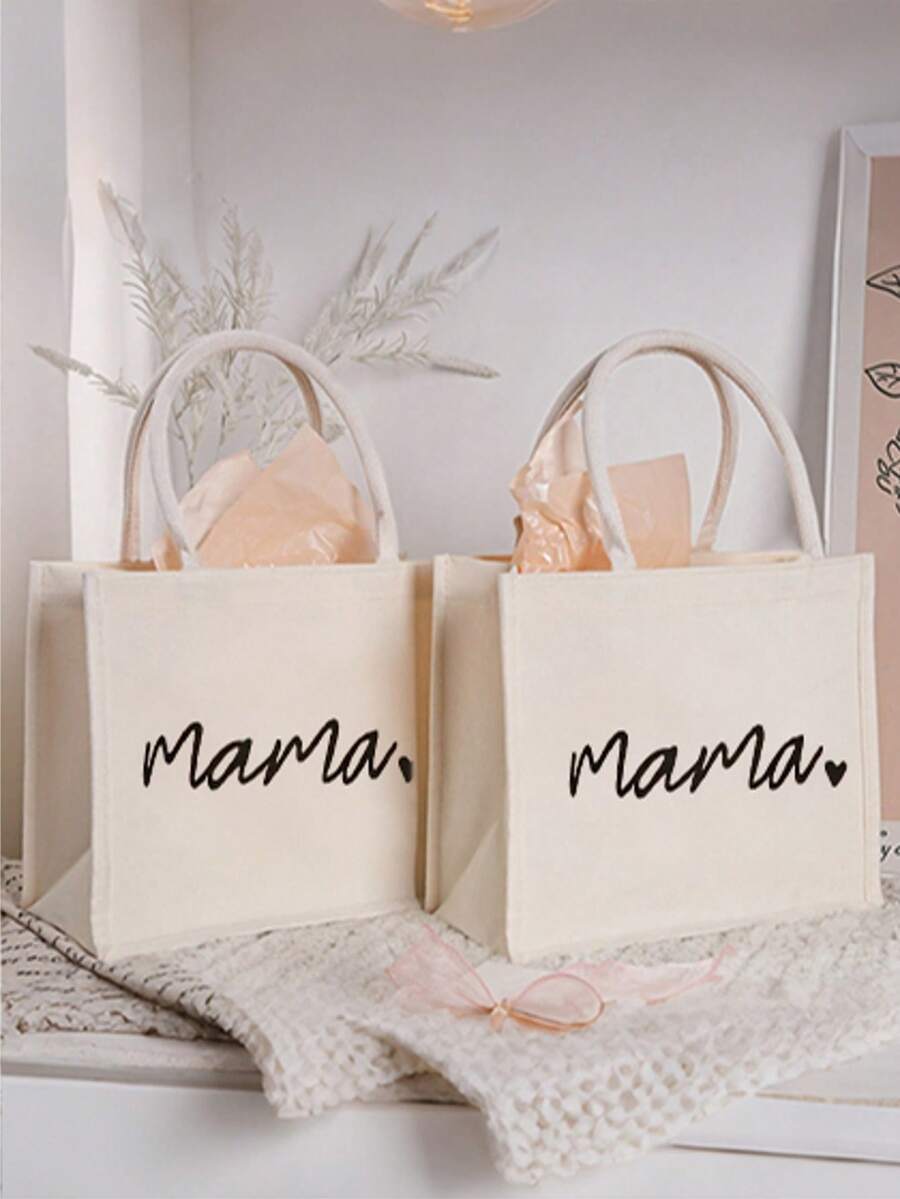Fashionable "Mom" Print Tote Bag - Beige Shoulder Bag, Large Capacity Durable Shoulder Bag, Suitable For Shopping, Beach, Travel, Mother's Day Gift - Beige - View 1
