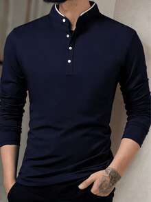 Men's Casual Long-Sleeved Polo Shirts, Mandarin Collar, Slim Fit, Fashionable Cotton T-Shirts - 藏蓝色 - 查看 3
