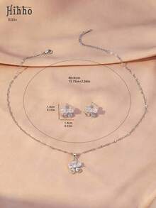 Hihho 3pcs/Set Stainless Steel Necklace With Sparkling Cubic Zirconia 5-Petal Flower Pendant + Flower Earrings, Elegant French Style Jewelry Set For Women, Suitable For Daily Wear, Holidays, Birthdays, Parties, Etc. - Silver - View 5