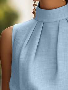 无袖高领褶皱衬衫，通勤优雅小众设计修身背心（女款） - 淺藍色 - 查看 4