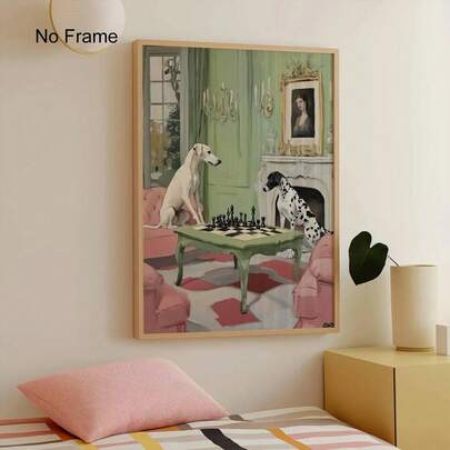 1 st väggkonst med hund, poster med roliga hundar som spelar schack, schackälskare, hemtrevlig modern konst, modern rolig dekor, poster med hundägare, retro och mysig heminredning, ingen ram