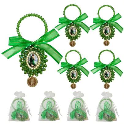 4PCS Organza Bags With Saint Jude/Virgin Mary Medal Door Hanger ,Rosary Catholic Gifts Set For Car Hanging Charm Home Door Hanger Decor