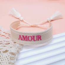 1条手工刺绣法式“AMOUR”创意编织复古风格手链，适合情侣佩戴，节日礼物，祝福绳 - 米色 - 查看 6