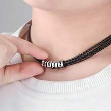 Personalized Men's Name Bracelet, Black Leather Bracelet With Customized Stainless Steel Beads, Laser Engraved Family Name, Date, Symbol, Letter, Number, Holiday, Birthday Gift - Necklace - View 3