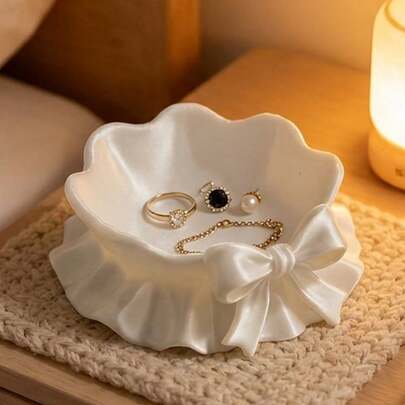 White Ruffled Bow Trinket Dish, Decorative Jewelry Tray Catchall Bowl For Rings, Earrings, Necklace, Keys & Coins, Vanity Dresser Nightstand Organizer