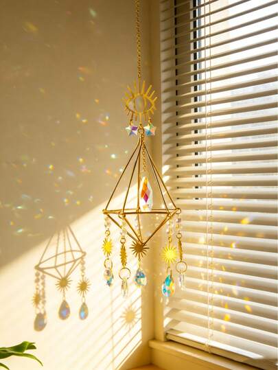 1个金色几何空气凤梨支架，金属钛金材质，带水晶棱镜，空气凤梨悬挂式花盆，波西米亚风家居花园装饰，反光饰品，现代墙面/天花板悬挂式，多肉植物和空气凤梨展示架，简约家居装饰，送给植物爱好者的礼物，室内种植装饰