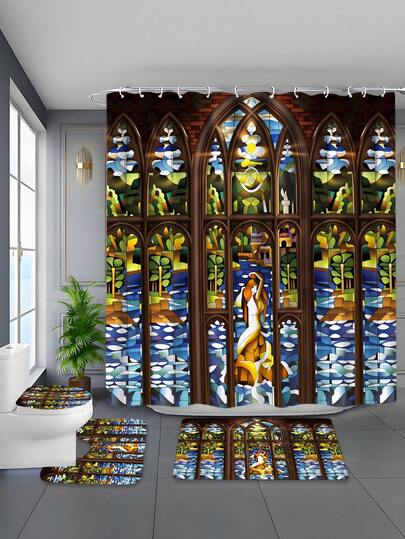 1/4pcs Church Stained Glass Figure Shower Curtain Set, Vintage Gothic Style Spring/Summer Themed Bathroom Shower Curtain Set, Includes Bath Mat, U-Shaped Toilet Mat, Toilet Lid Cover, Waterproof Shower Curtain Bathroom Decor, Modern Style Bathroom Divider Curtain, No Drilling Required, Polyester, Machine Washable