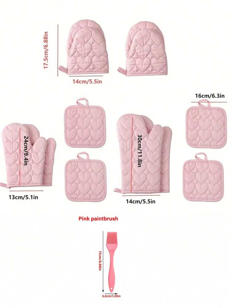 Juego de manopla y agarradera en forma de corazón rosa, juego de guantes de horno y agarradera de color rosa sólido de poliéster impreso resistente al calor, guantes de microondas y tapete protector de mesa, guantes para hornear, guantes de cocina resistentes a altas temperaturas, diseño ergonómico resistente al calor, ideal para hornear y cocinar, esencial para hornear, material de poliéster - Multicolor - Añade 9