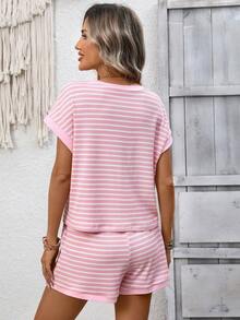 Women's Pink Striped Two Piece Set Casual Short Sleeve T-Shirt & Shorts Lounge Set - Pink - View 3